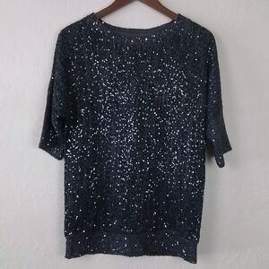 Y2K Etcetera Sequin‎ Top Women's M Black Glitter Dolman Sleeve Party Eveningwear